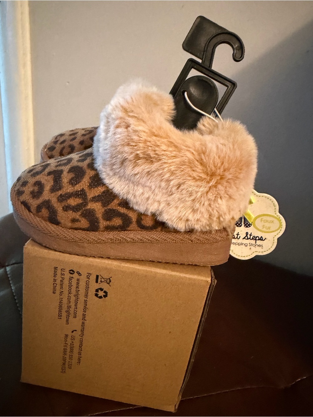Leopard Faux Fur Cuff Kids Booties - Brown